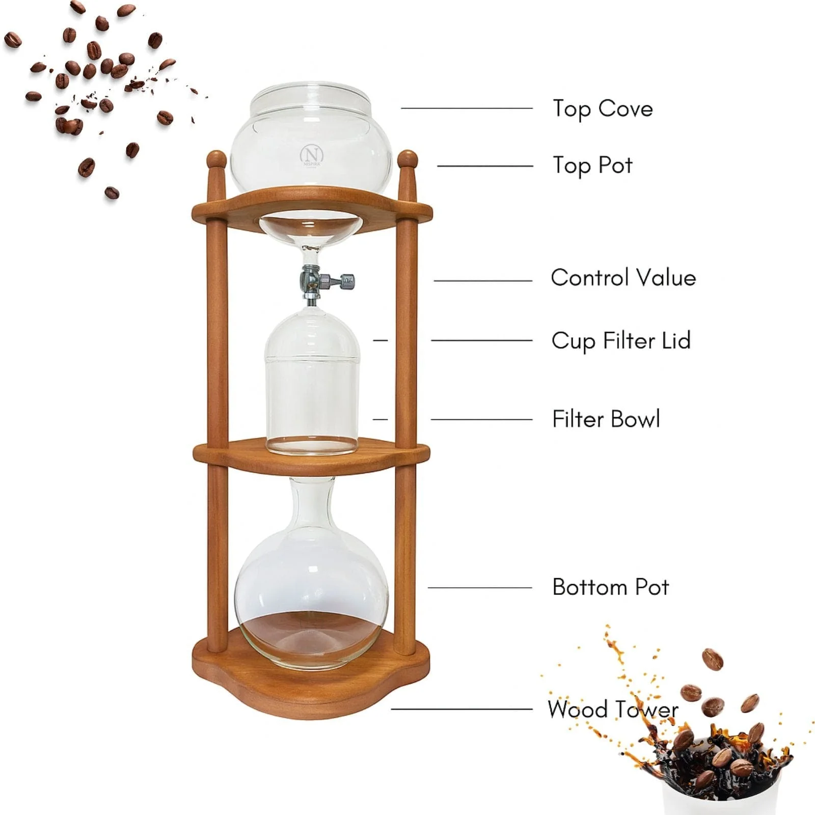 Nispira Cold Brew coffee Maker Ice Coffee Drip Machine with Advanced Slow Drip Technology Borosilicate Glass with Wood Tower, 6-8 Cup, Brown - Image 3