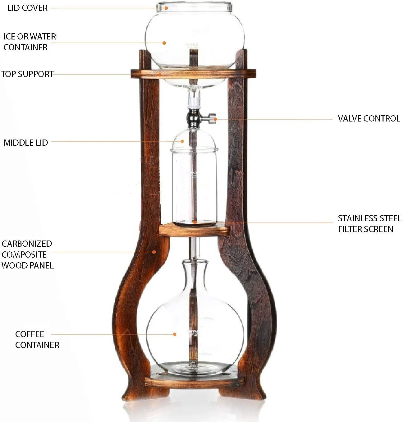 Nispira Retro Ice Cold Brew Dripping Coffee Maker Tower, 600ml in Wooden (BD-7) - Image 4