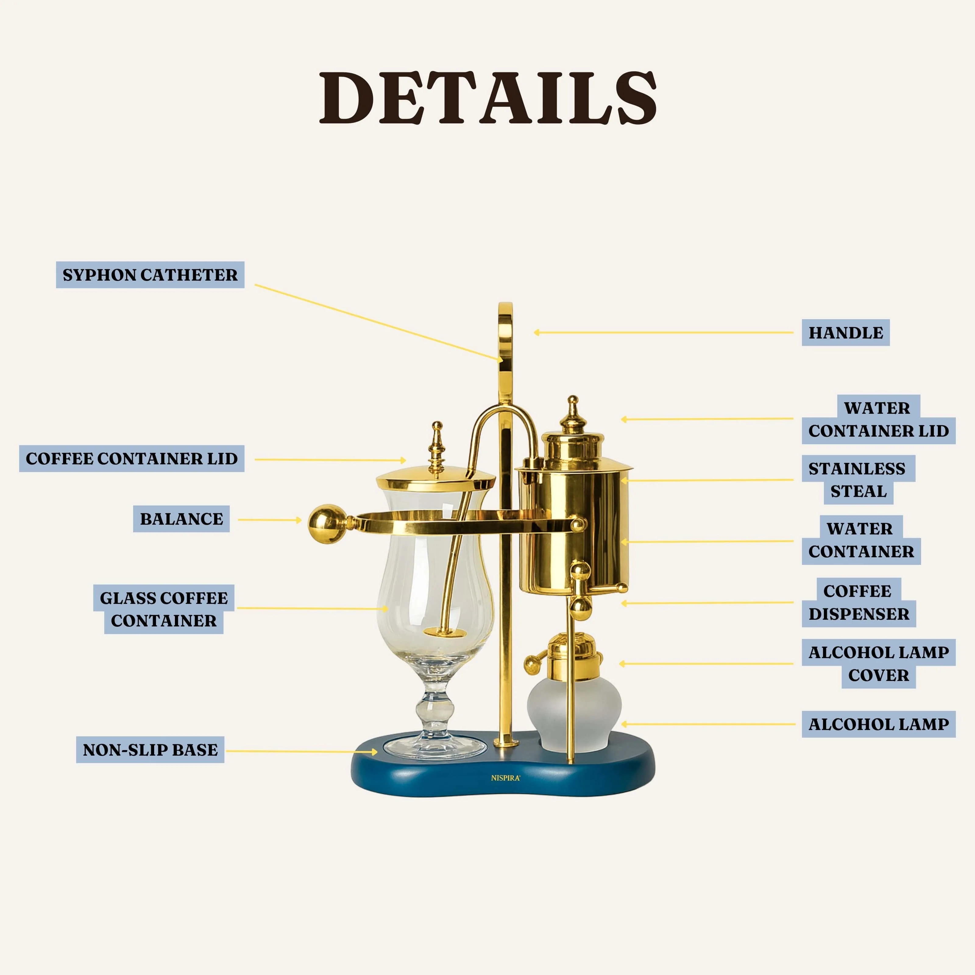 Nispira Vintage Belgium Belgian Royal Balance Syphon Siphon Coffee Maker, Gold with Peacock Blue Base - Image 3
